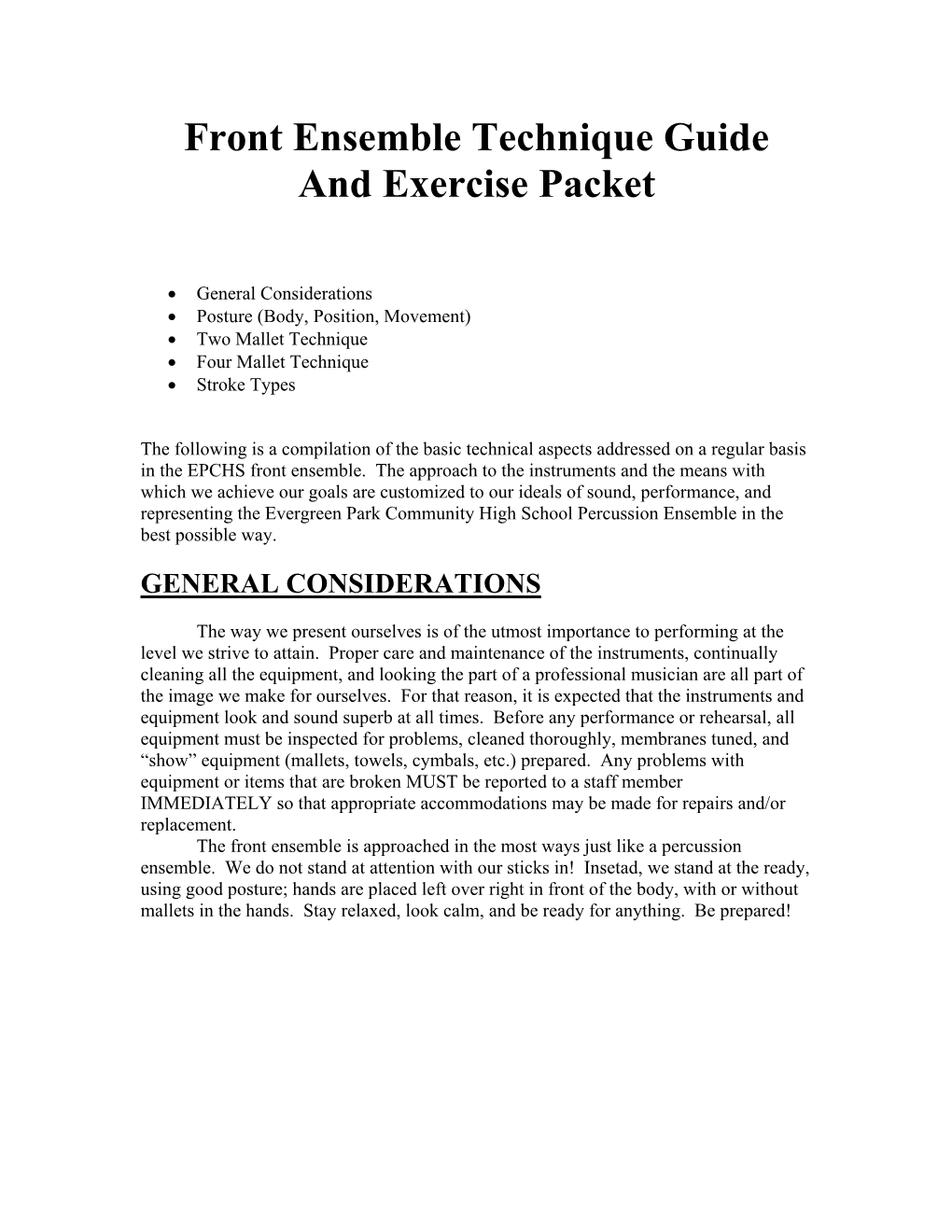 Front Ensemble Technique Guide and Exercise Packet