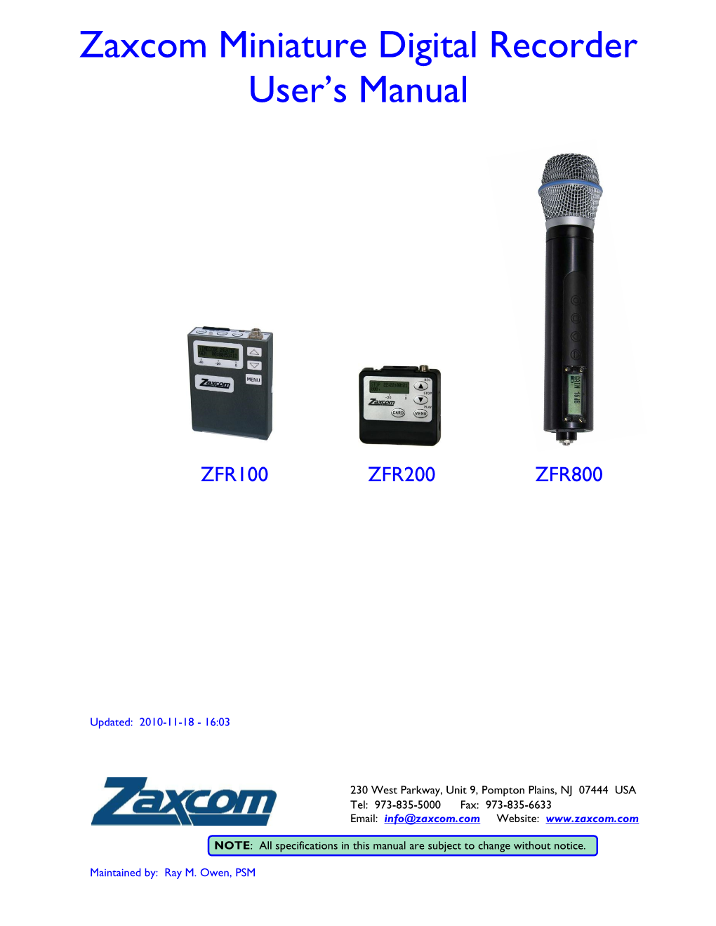 Zaxcom Miniature Digital Recorder User‟S Manual