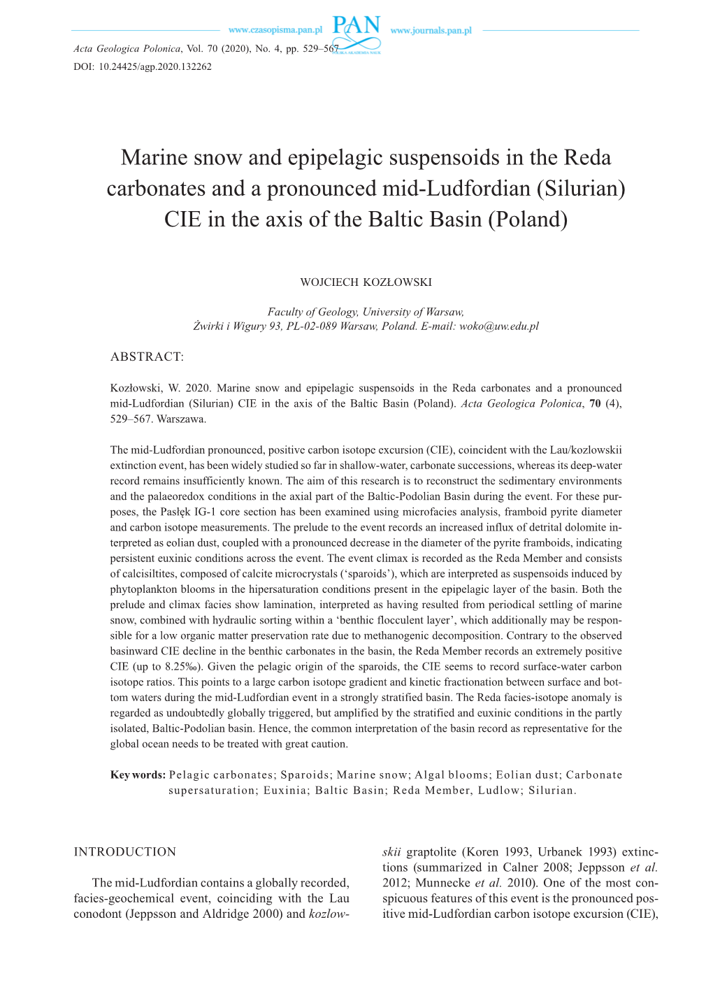 Marine Snow and Epipelagic Suspensoids in the Reda Carbonates and a Pronounced Mid-Ludfordian (Silurian) CIE in the Axis of the Baltic Basin (Poland)