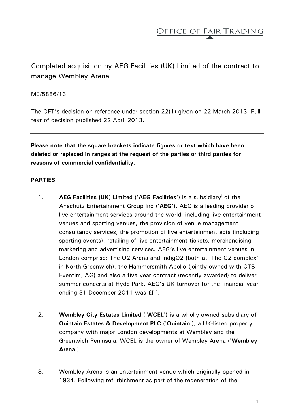 Limited of the Contract to Manage Wembley Arena