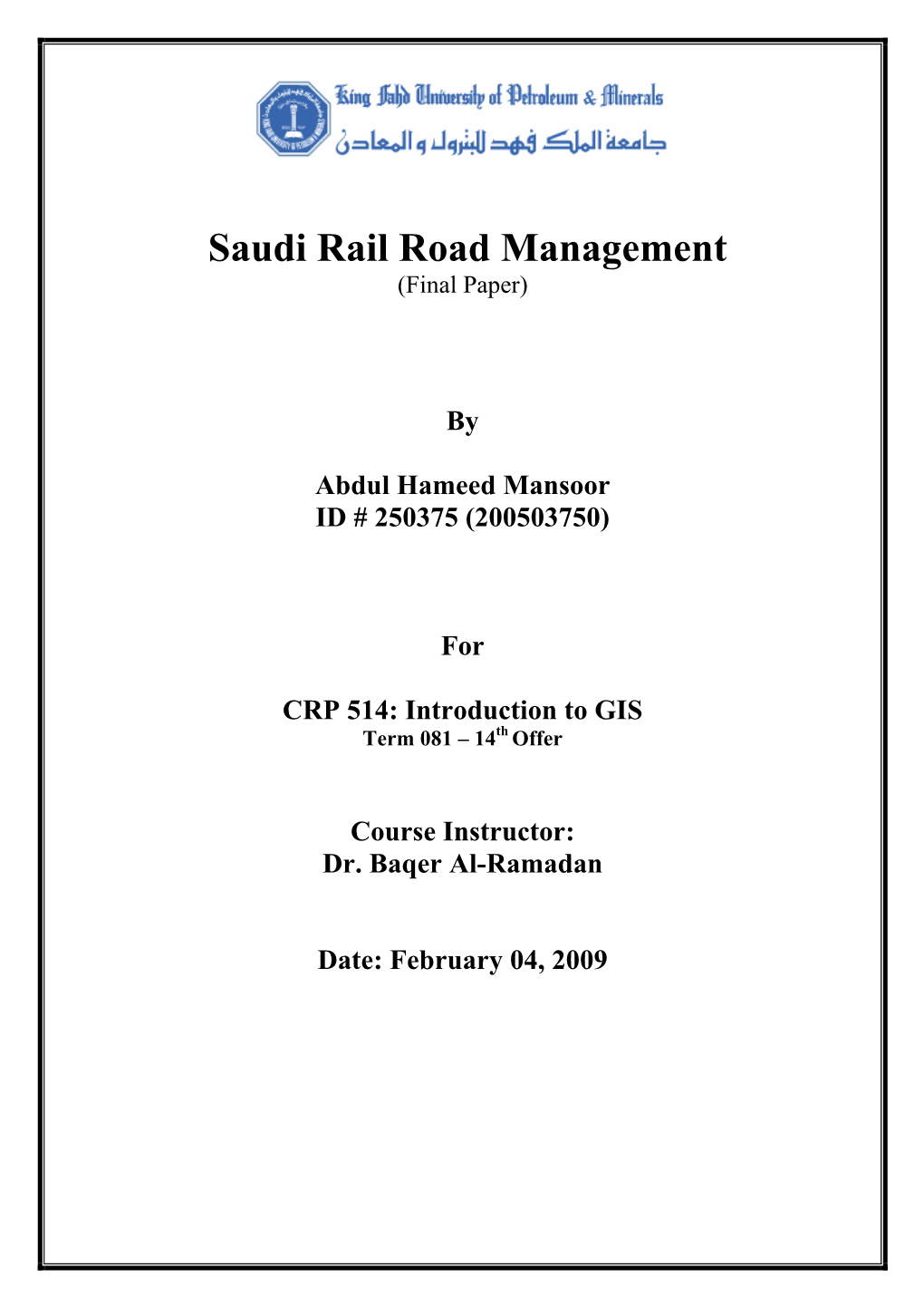 Saudi Rail Road Management (Final Paper)