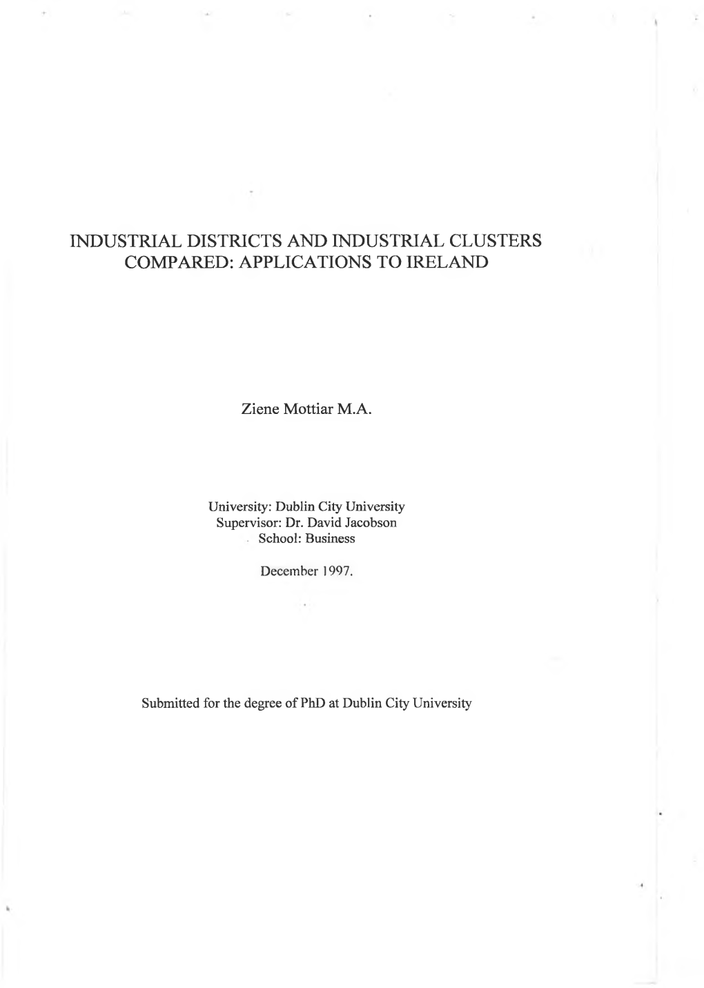 Industrial Districts and Industrial Clusters Compared: Applications to Ireland