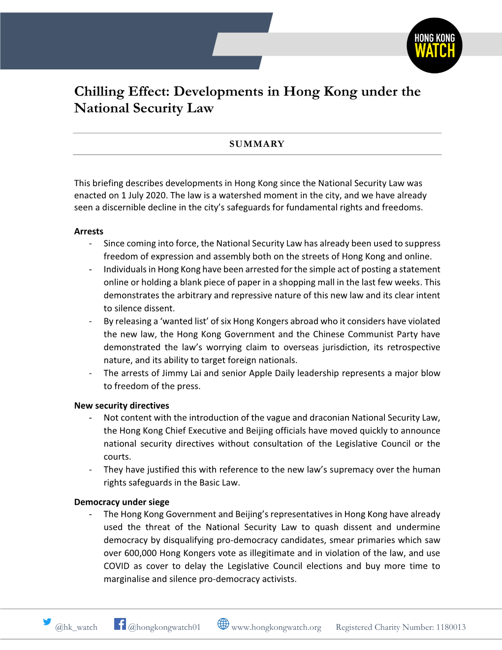 Chilling Effect: Developments in Hong Kong Under the National Security Law
