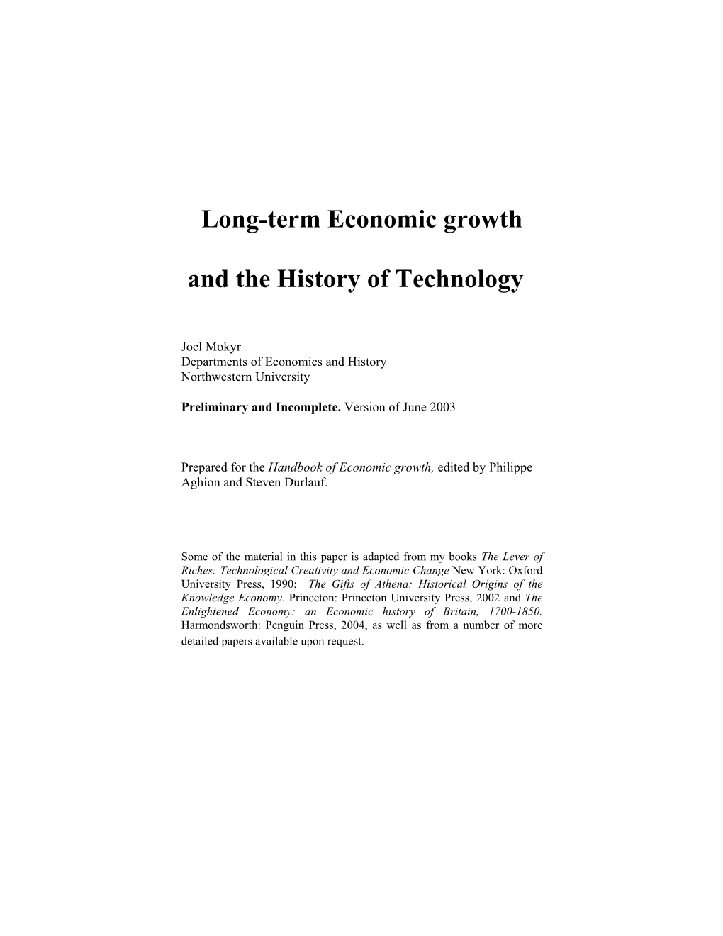 Long-Term Economic Growth and the History of Technology