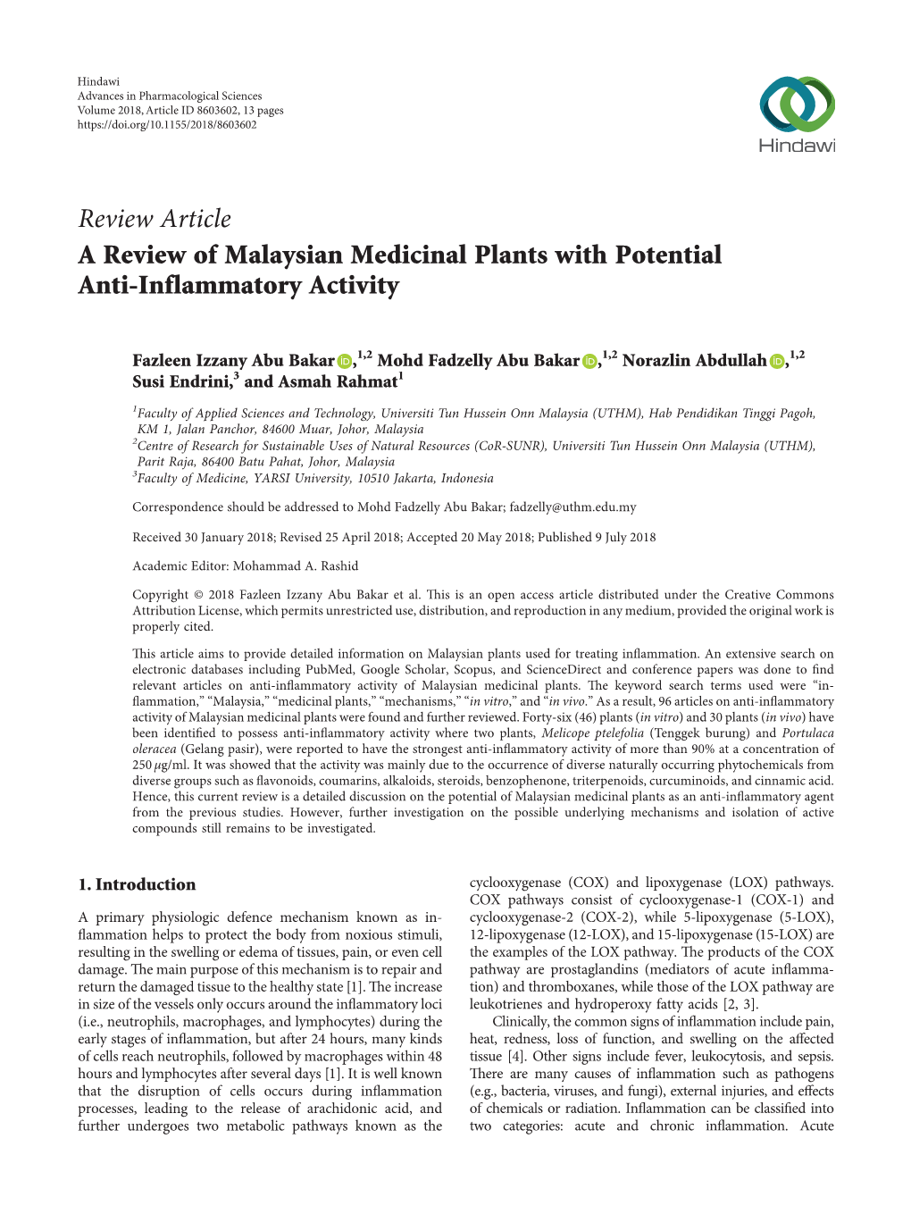 A Review of Malaysian Medicinal Plants with Potential Anti-Inflammatory Activity