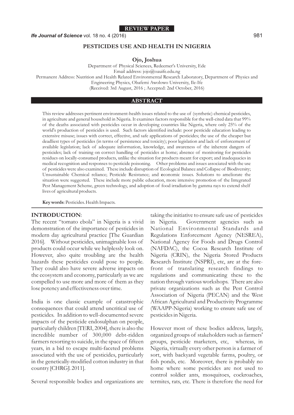 PESTICIDES USE and HEALTH in NIGERIA Ojo, Joshua