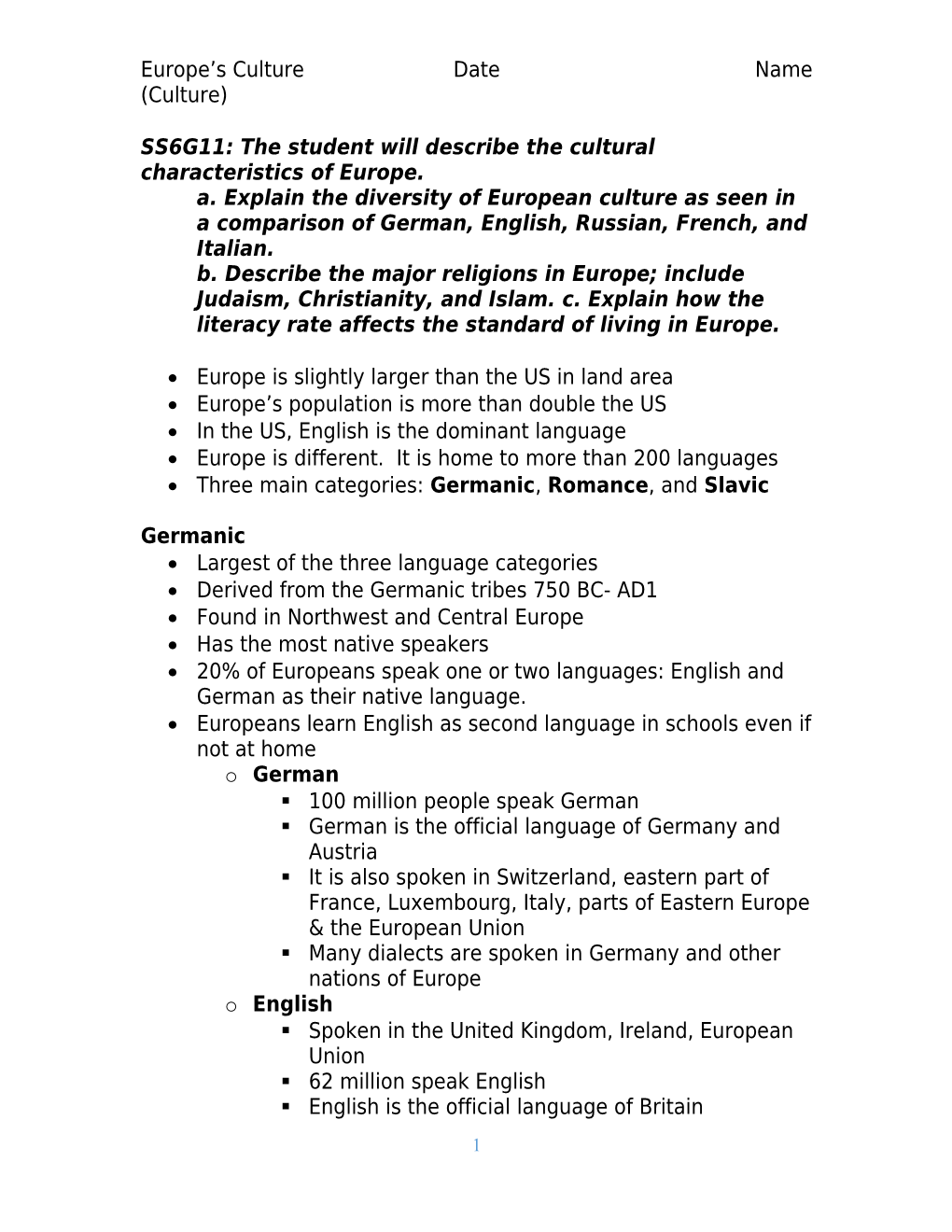 SS6G11: the Student Will Describe the Cultural Characteristics of Europe