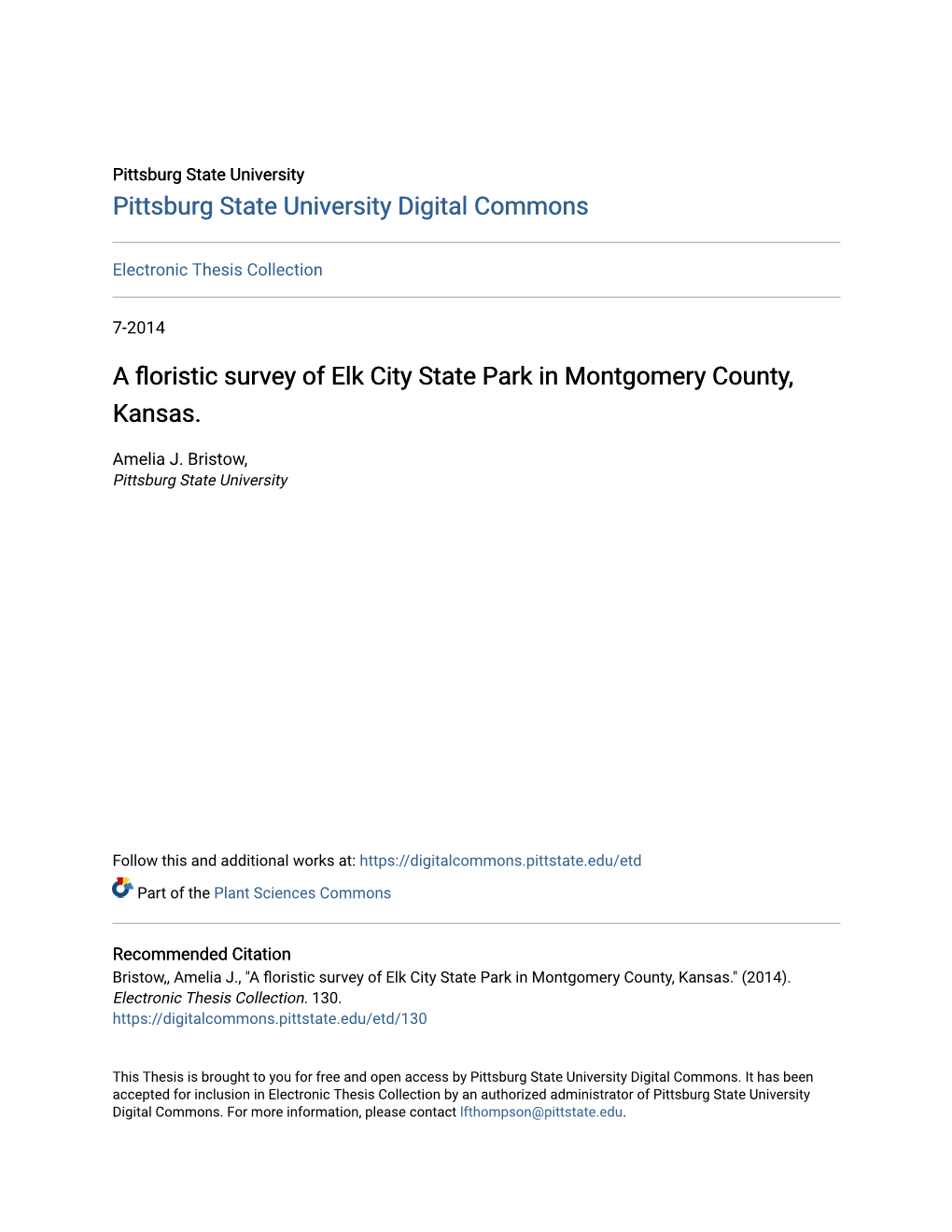 A Floristic Survey of Elk City State Park in Montgomery County, Kansas