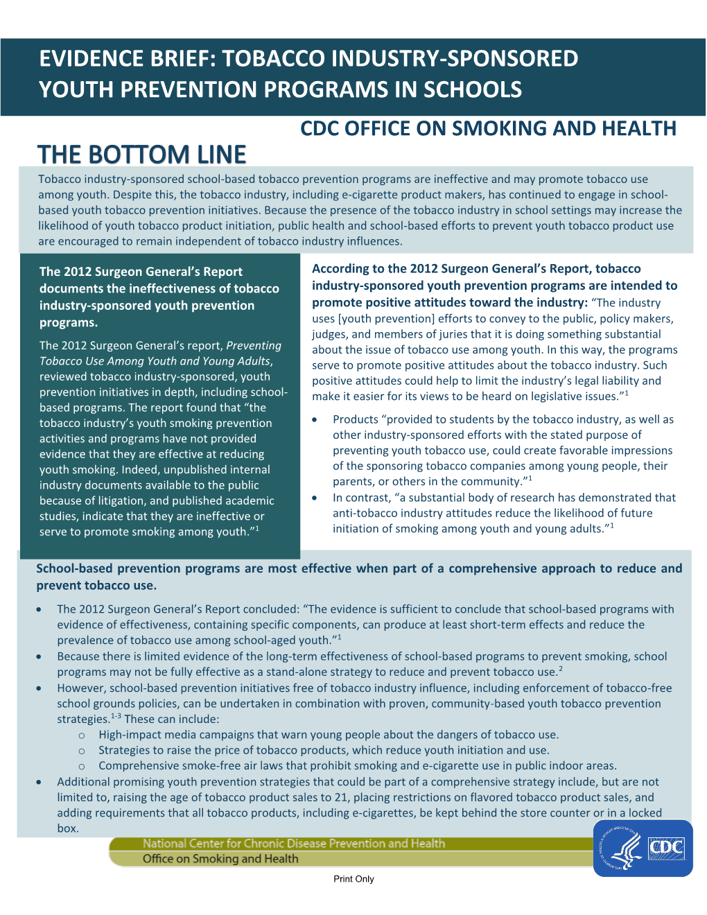 Evidence Brief: Tobacco Industry-Sponsored Youth Prevention Programs in Schools Cdc Office on Smoking and Health