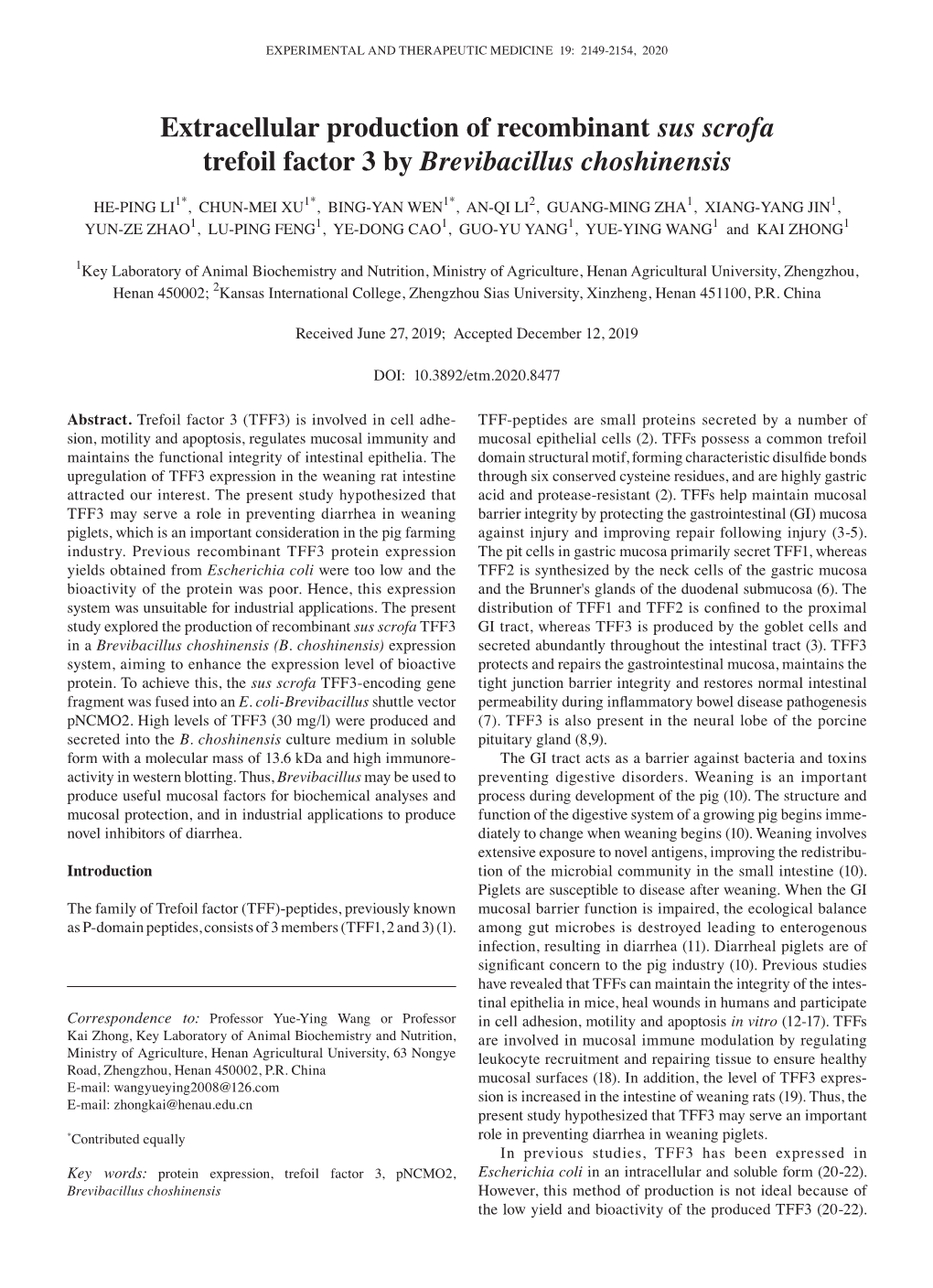 Extracellular Production of Recombinant Sus Scrofa Trefoil Factor 3 by Brevibacillus Choshinensis