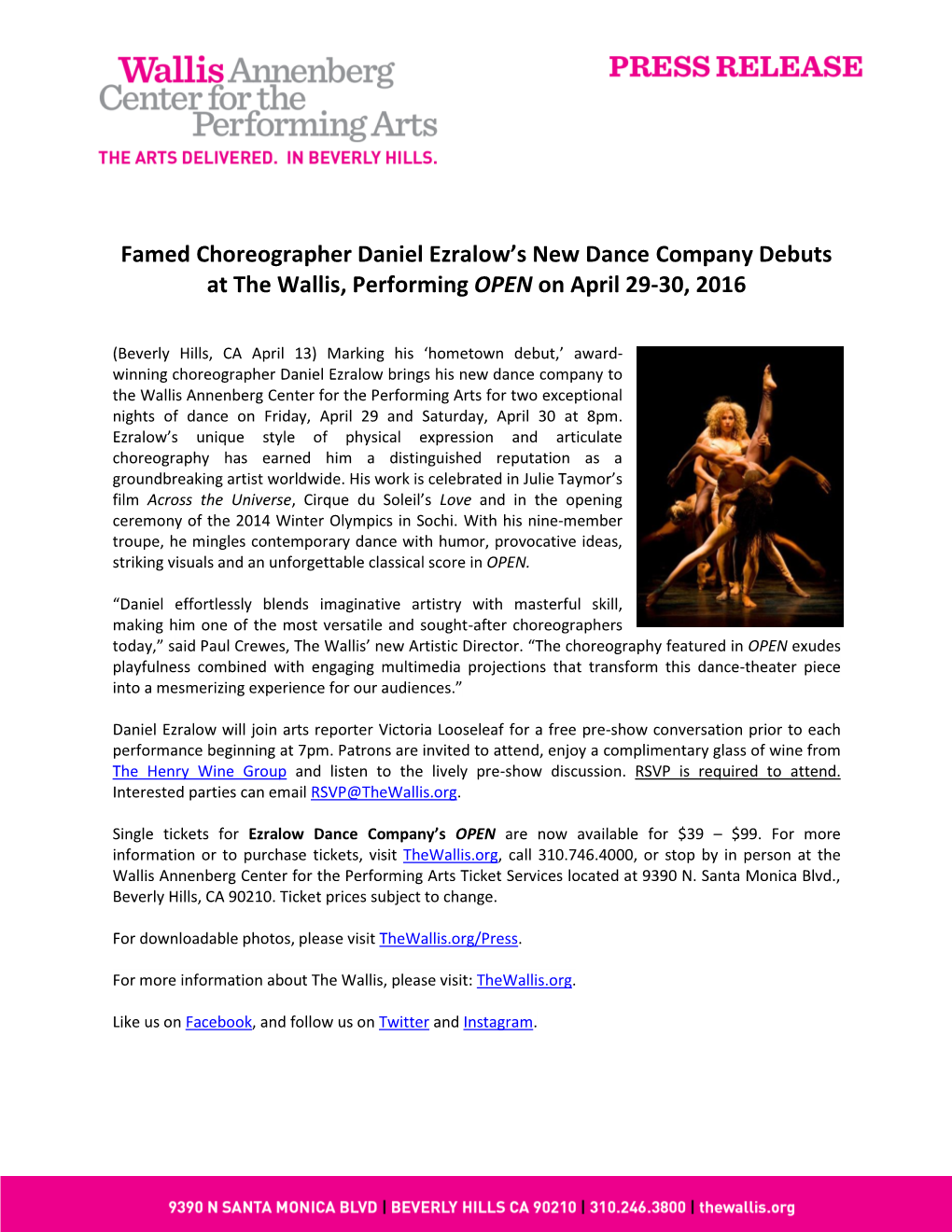 Famed Choreographer Daniel Ezralow's New Dance Company Debuts at the Wallis, Performing OPEN on April 29-30, 2016