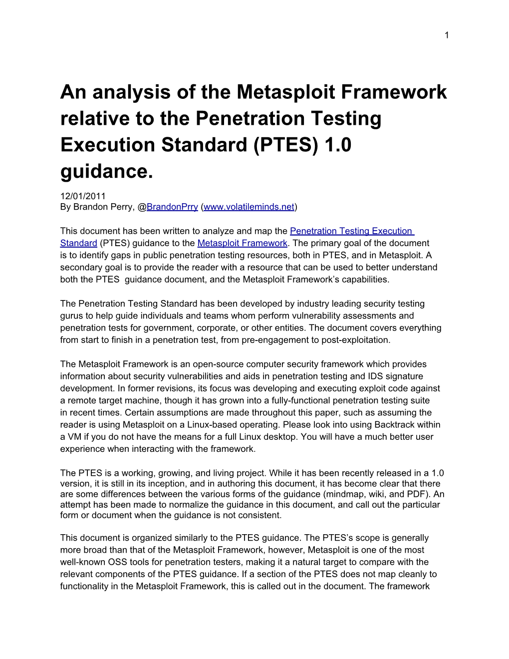 An Analysis of the Metasploit Framework Relative to the Penetration Testing Execution Standard (PTES) 1.0 Guidance