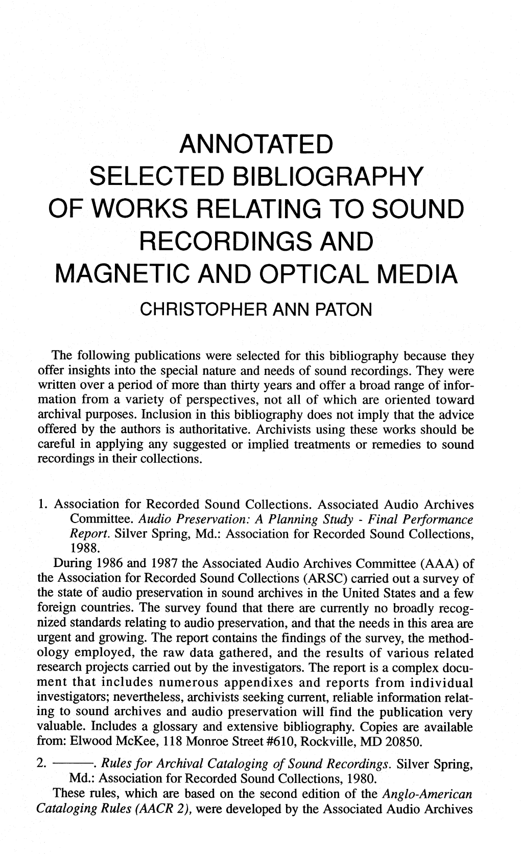 Of Works Relating to Sound Recordings and Magnetic and Optical Media Christopher Ann Paton