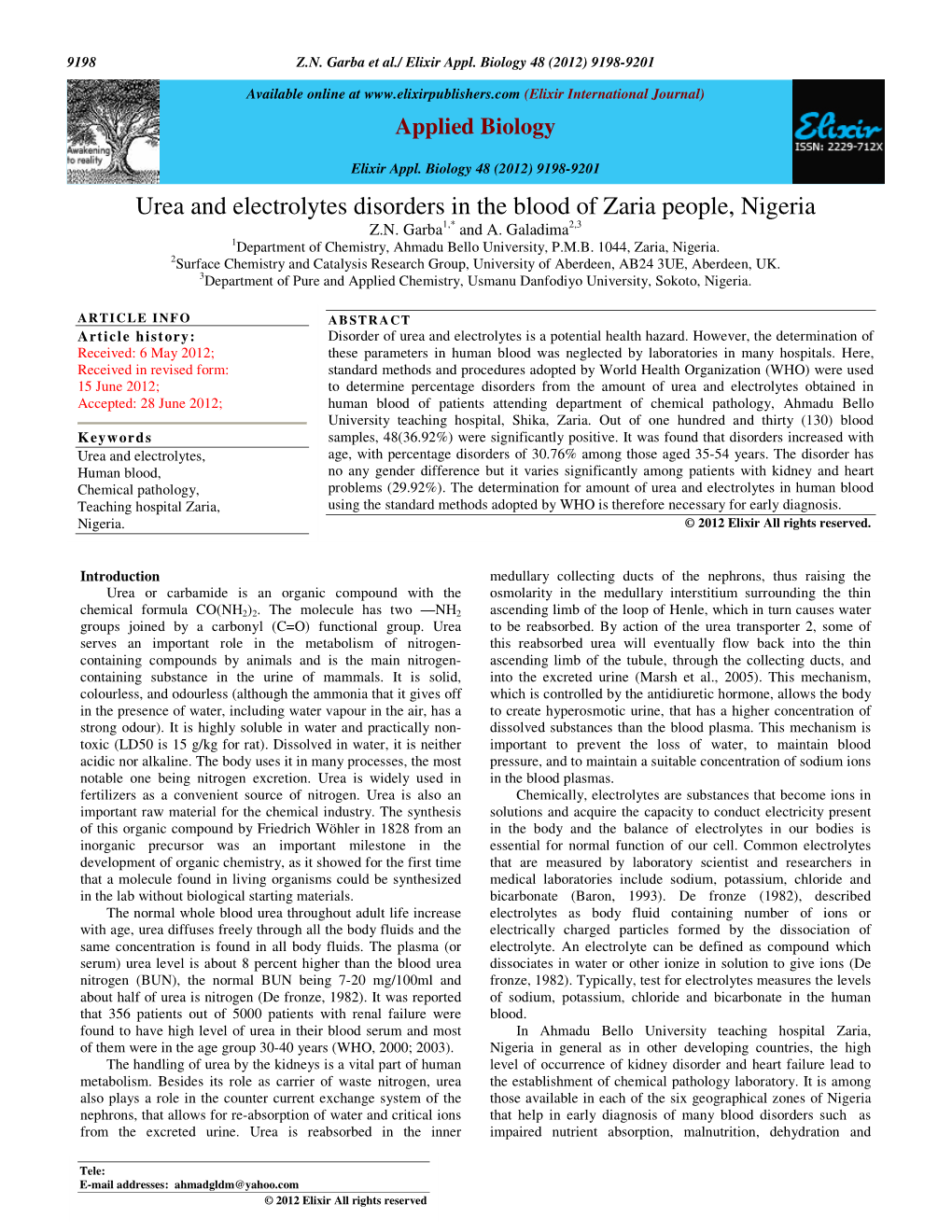 Urea and Electrolytes Disorders in the Blood of Zaria People, Nigeria Z.N