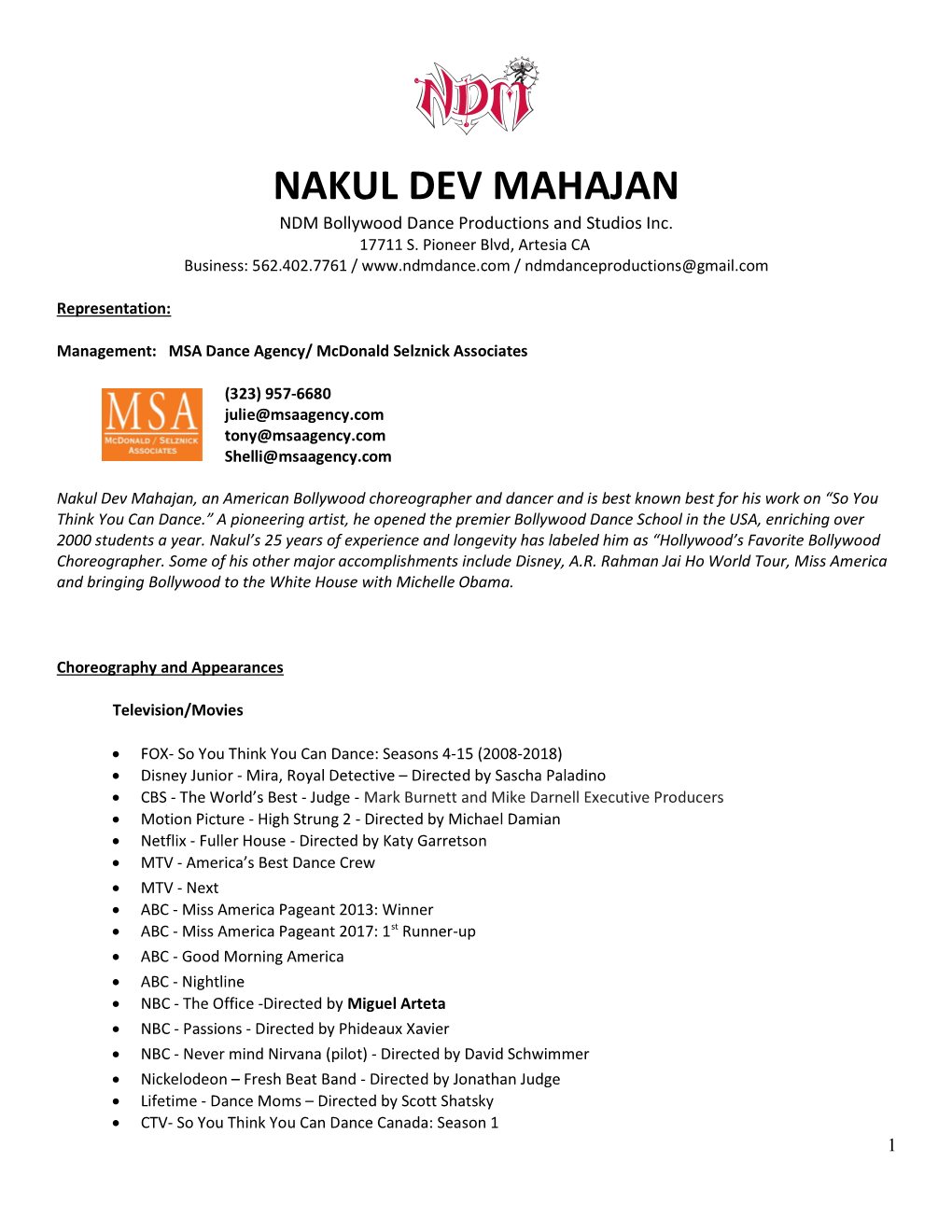 NAKUL DEV MAHAJAN NDM Bollywood Dance Productions and Studios Inc