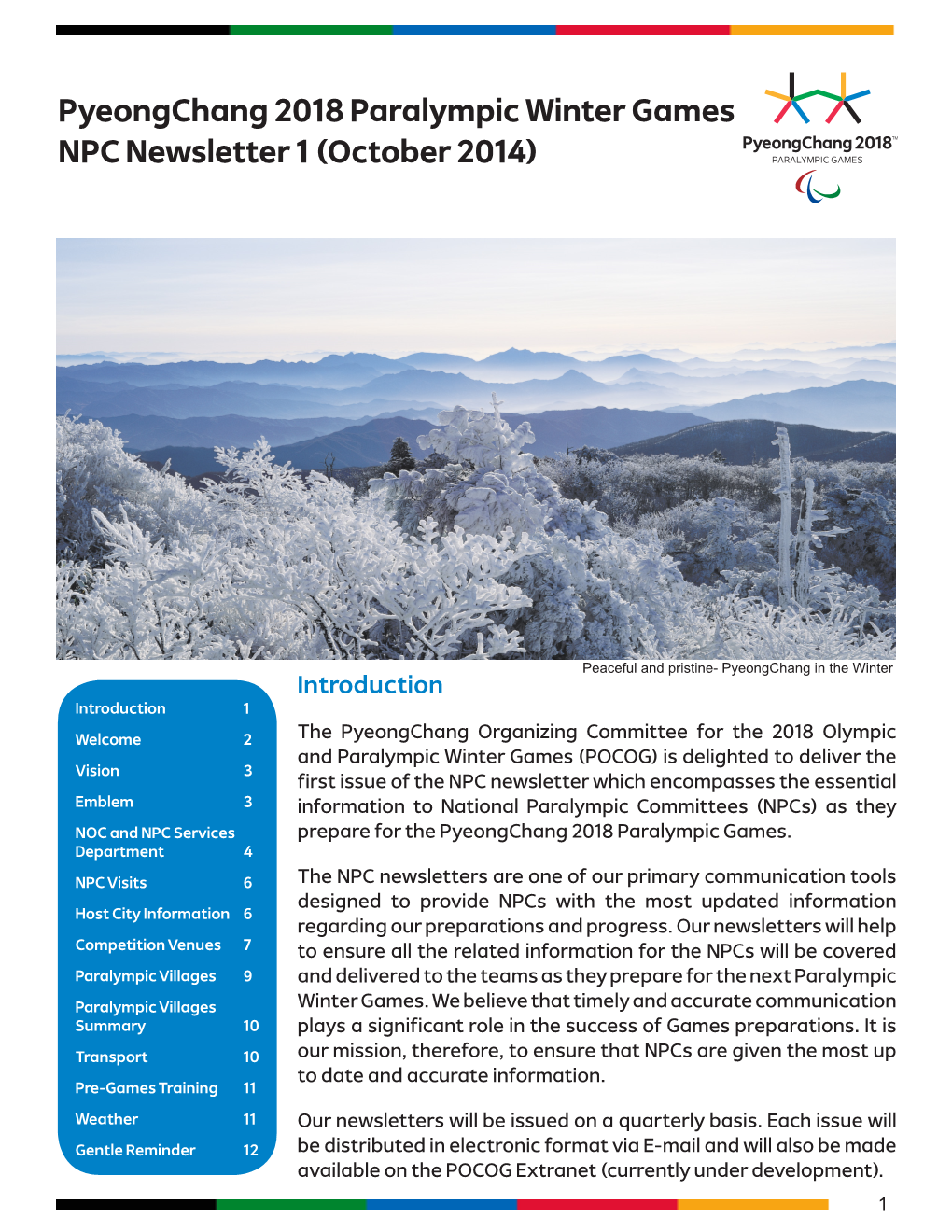 Pyeongchang 2018 Paralympic Winter Games NPC Newsletter 1 (October 2014)