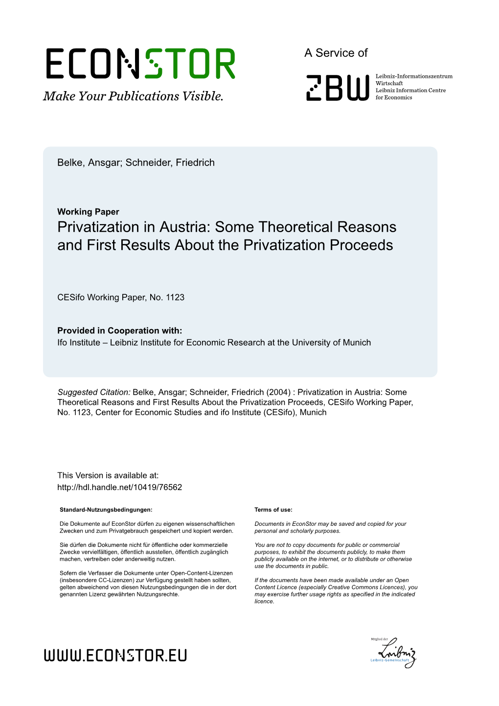 Privatization in Austria: Some Theoretical Reasons and First Results About the Privatization Proceeds