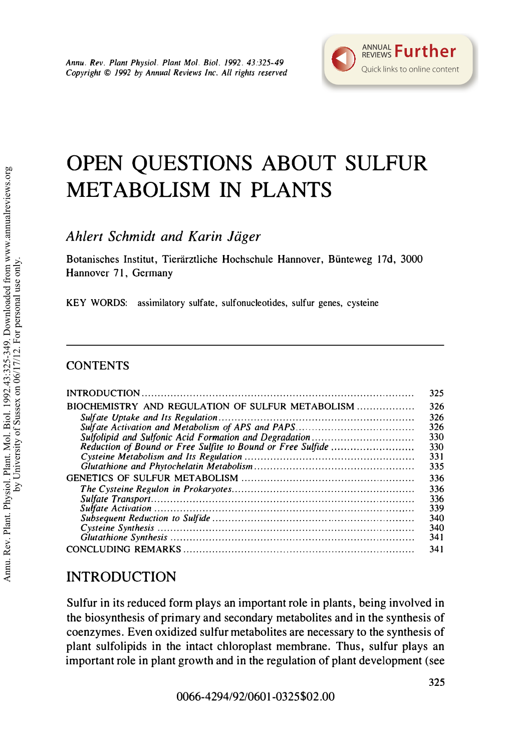 Open Questions About Sulfur Metabolism in Plants