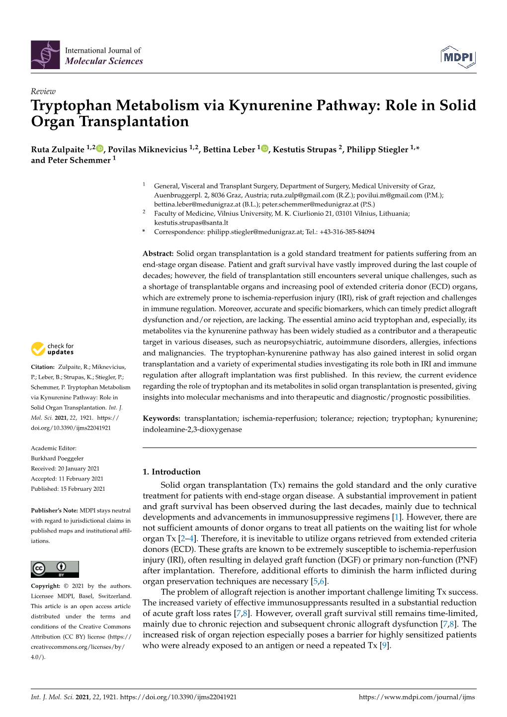 Tryptophan Metabolism Via Kynurenine Pathway: Role in Solid Organ Transplantation