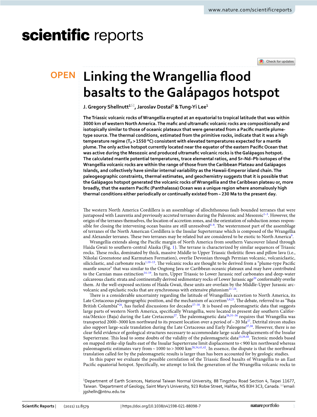 Linking the Wrangellia Flood Basalts to the Galápagos Hotspot