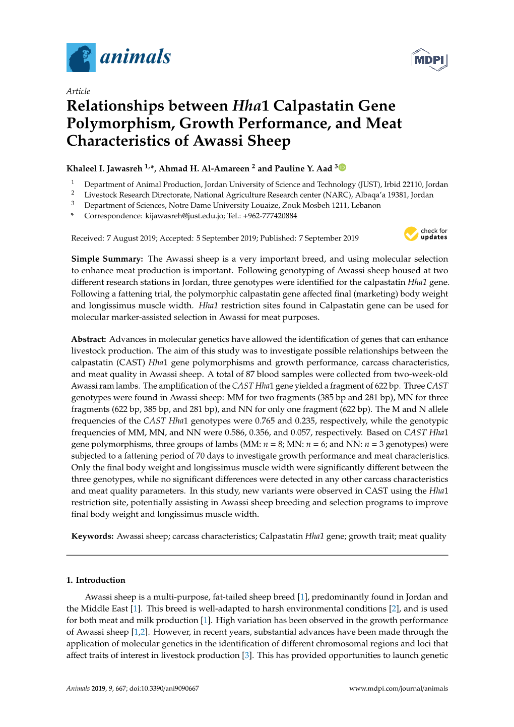 Relationships Between Hha1 Calpastatin Gene Polymorphism, Growth Performance, and Meat Characteristics of Awassi Sheep