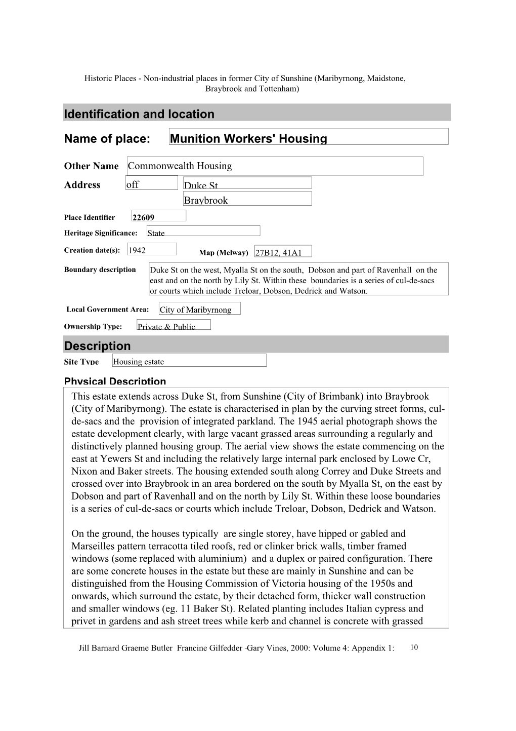 Munition Workers' Housing Identification and Location Description