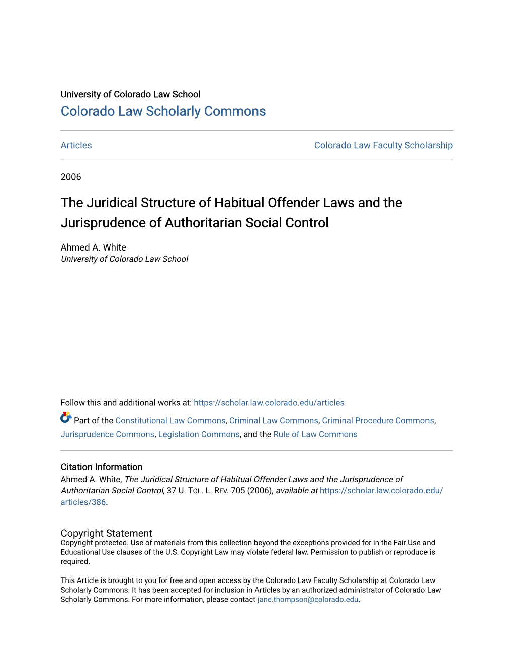 The Juridical Structure of Habitual Offender Laws and the Jurisprudence of Authoritarian Social Control