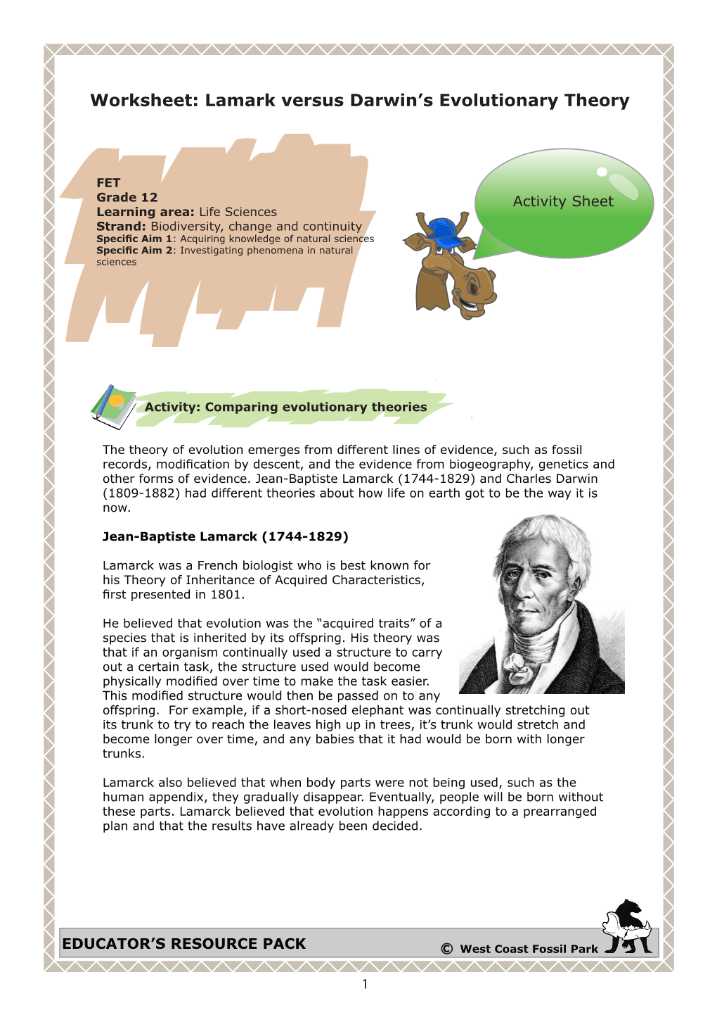 Worksheet: Lamark Versus Darwin's Evolutionary Theory