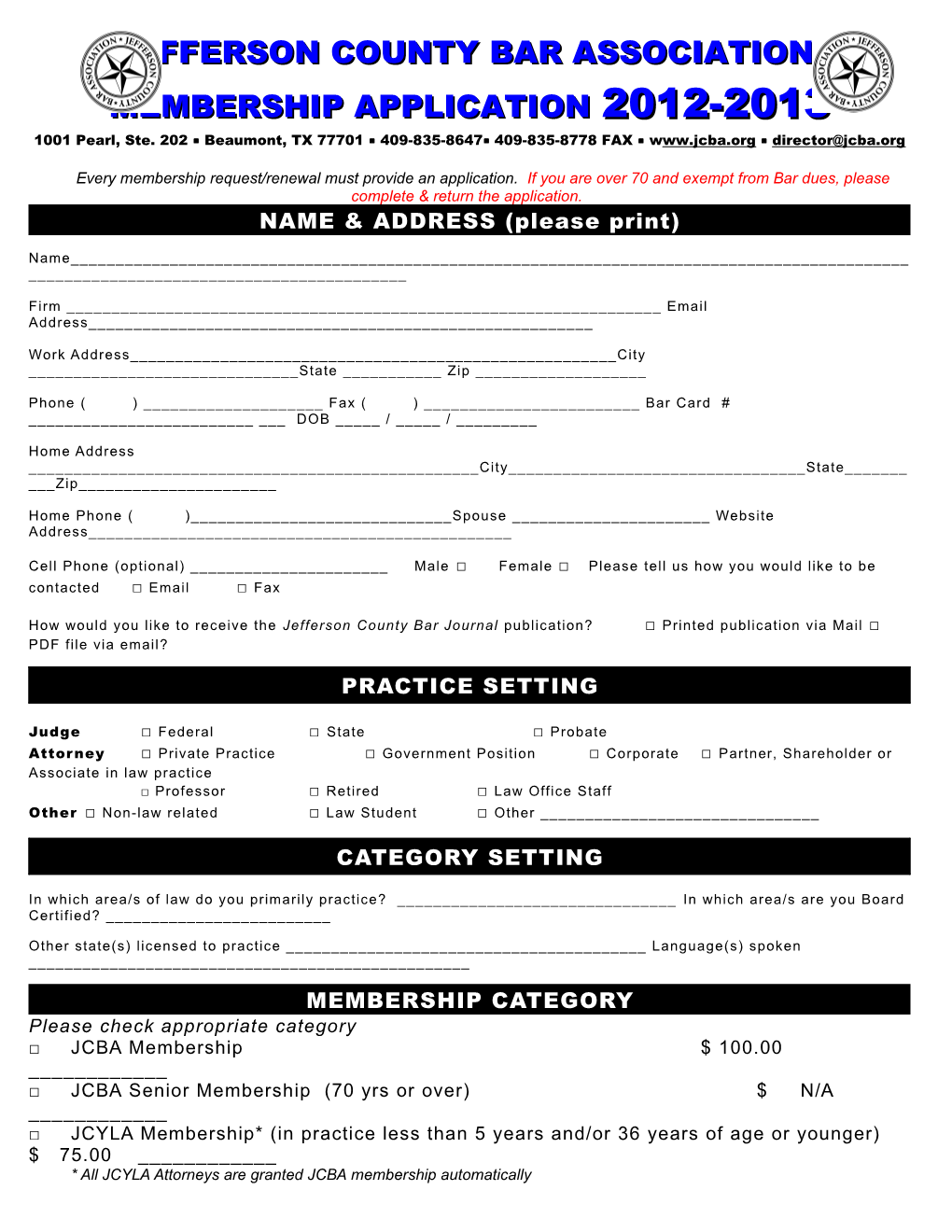 Jefferson County Bar Association Membership Application 2005-06