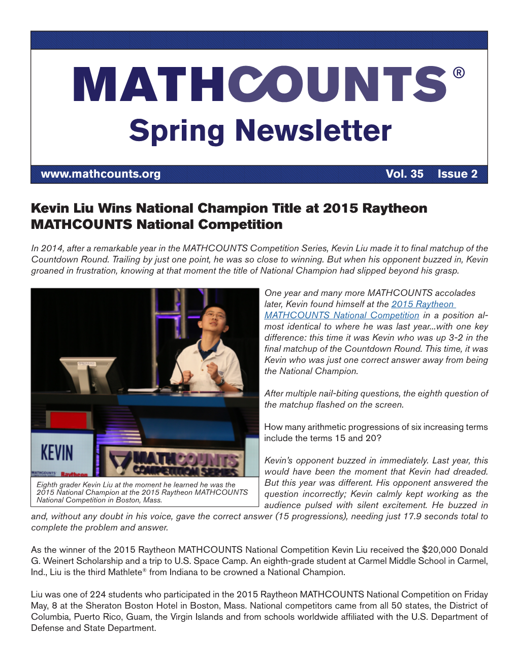 Kevin Liu Wins National Champion Title at 2015 Raytheon MATHCOUNTS National Competition