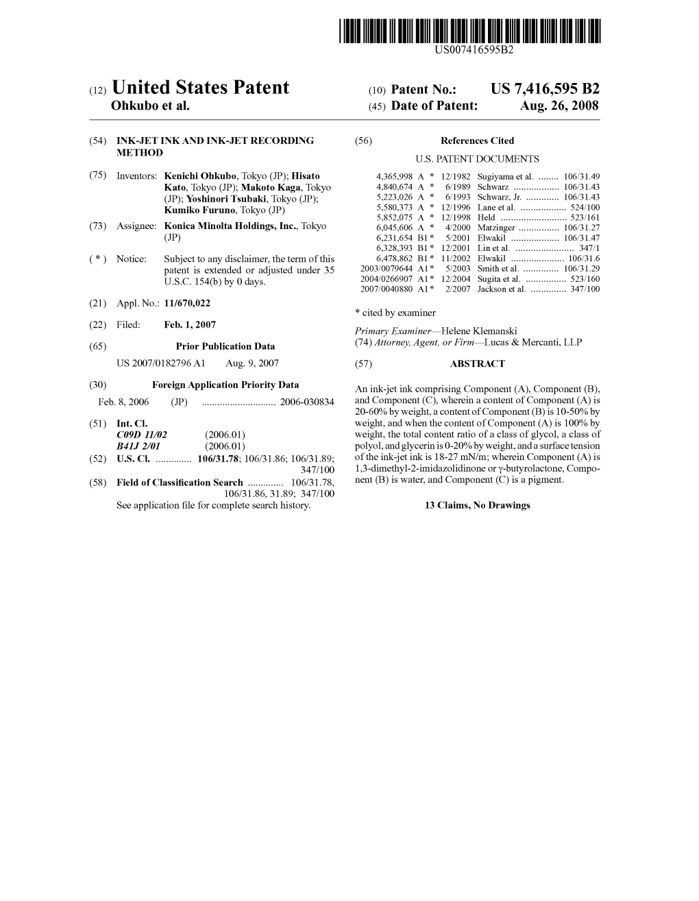 (12) United States Patent (10) Patent No.: US 7416,595 B2 Ohkubo Et Al