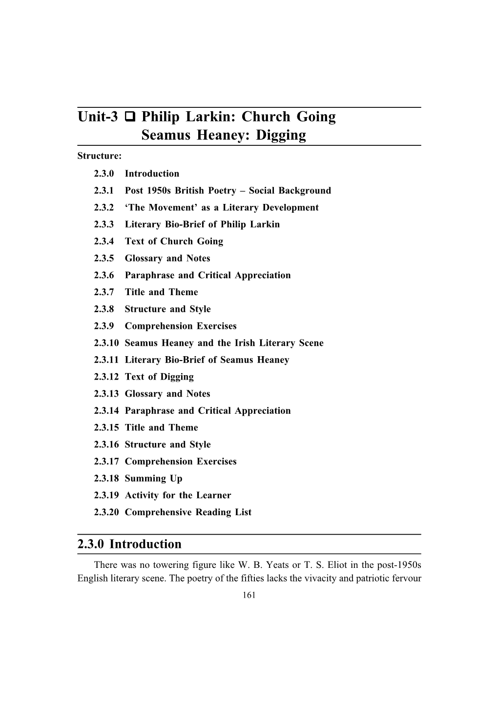 Unit-3 Philip Larkin: Church Going Seamus Heaney: Digging