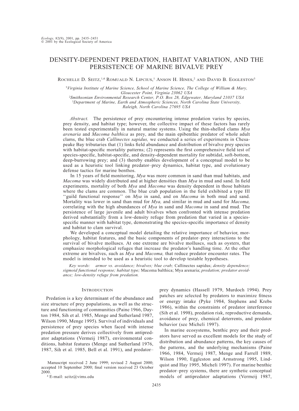 Density-Dependent Predation, Habitat Variation, and the Persistence of Marine Bivalve Prey