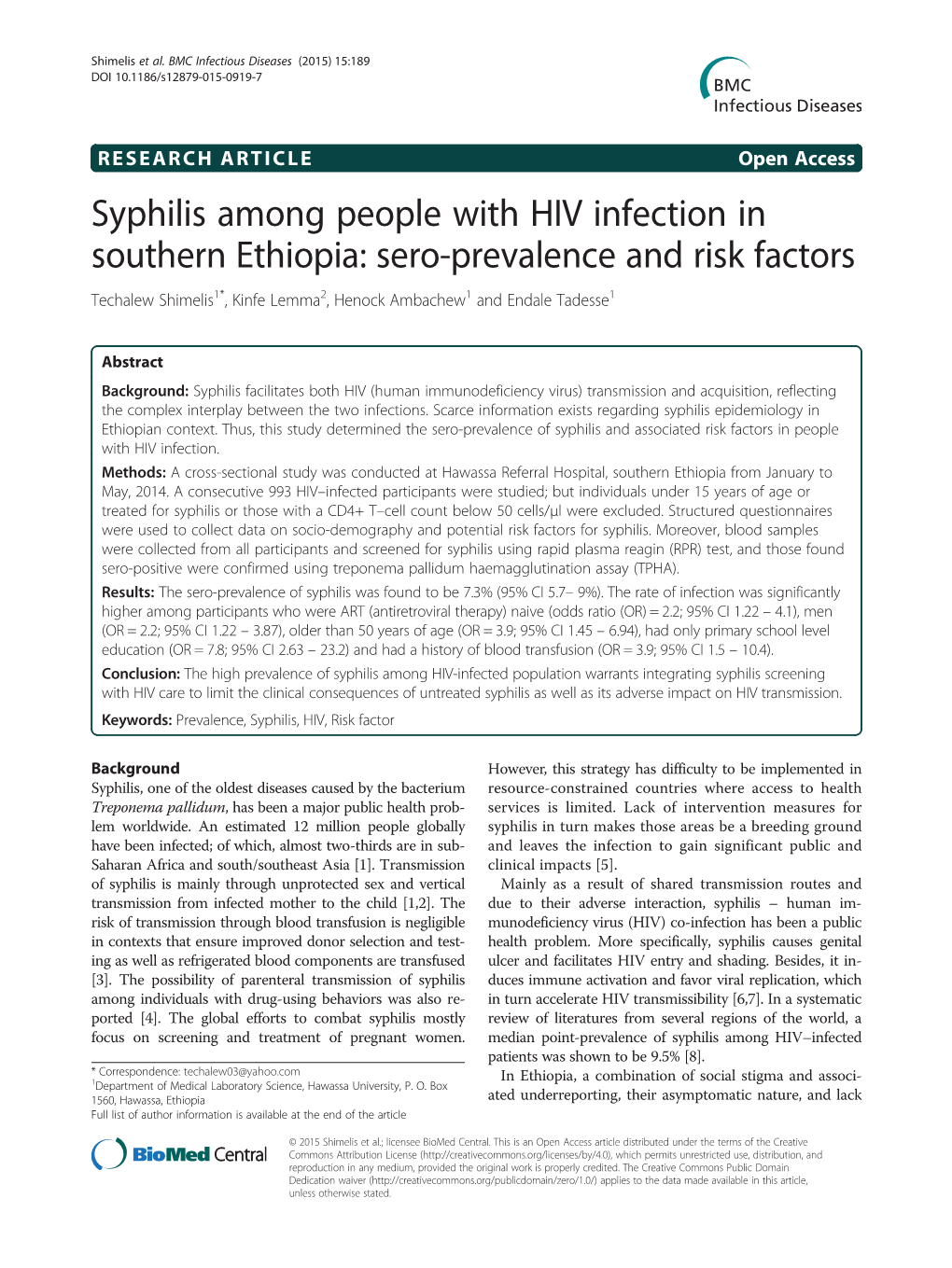 Syphilis Among People with HIV Infection in Southern Ethiopia