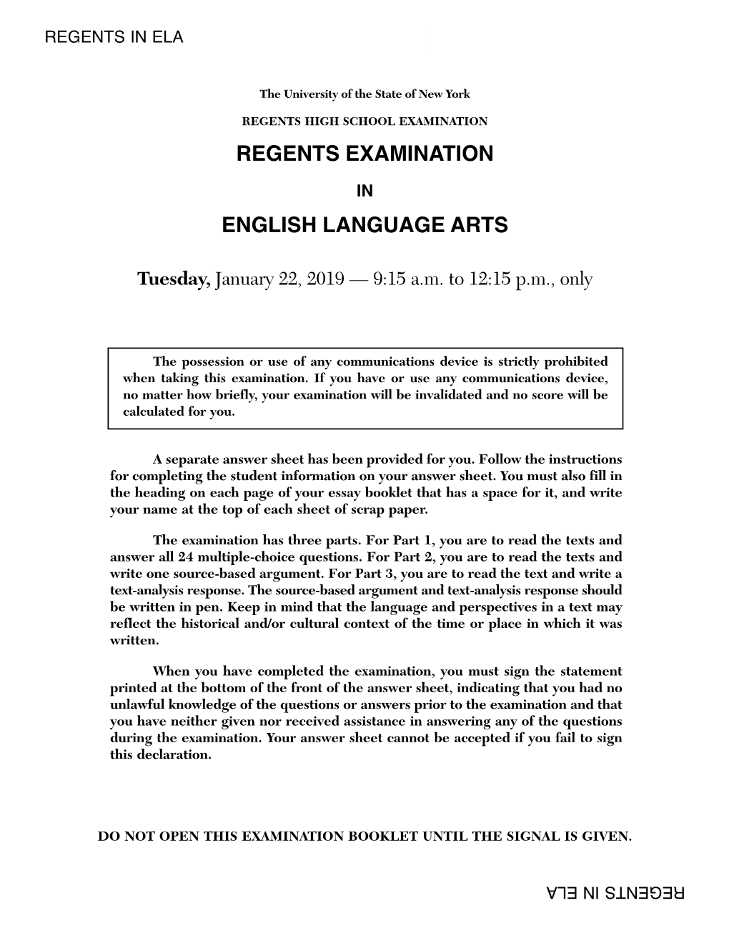 January 2019 Regents Examination in English Language Arts