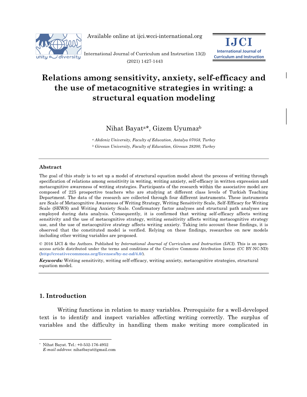 Relations Among Sensitivity, Anxiety, Self-Efficacy and the Use of Metacognitive Strategies in Writing: a Structural Equation Modeling