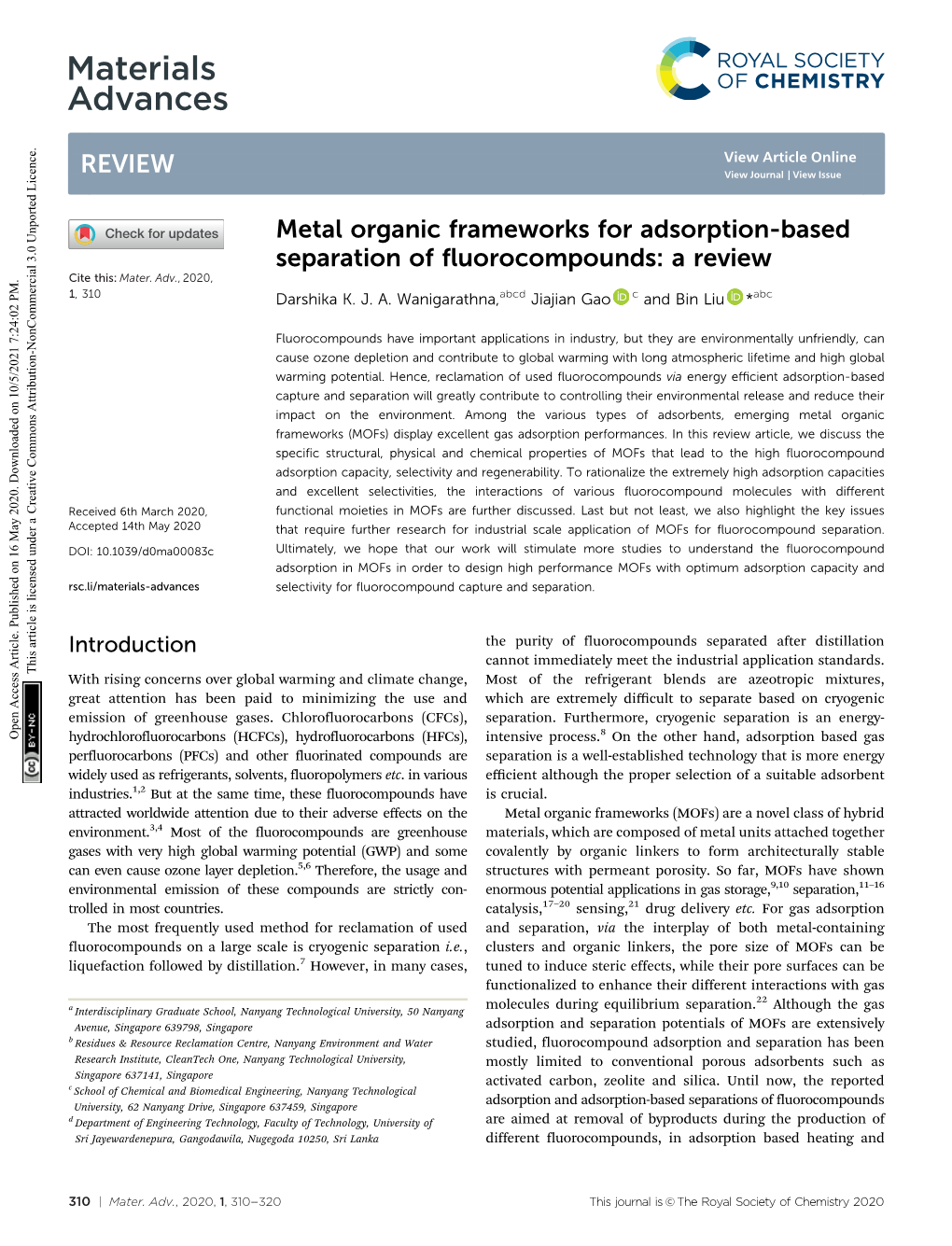 Metal Organic Frameworks for Adsorption-Based Separation of Fluorocompounds: a Review Cite This: Mater