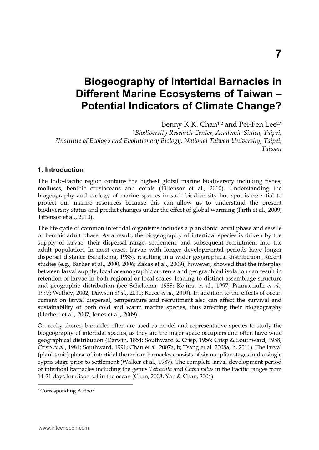 Biogeography of Intertidal Barnacles in Different Marine Ecosystems of Taiwan – Potential Indicators of Climate Change?