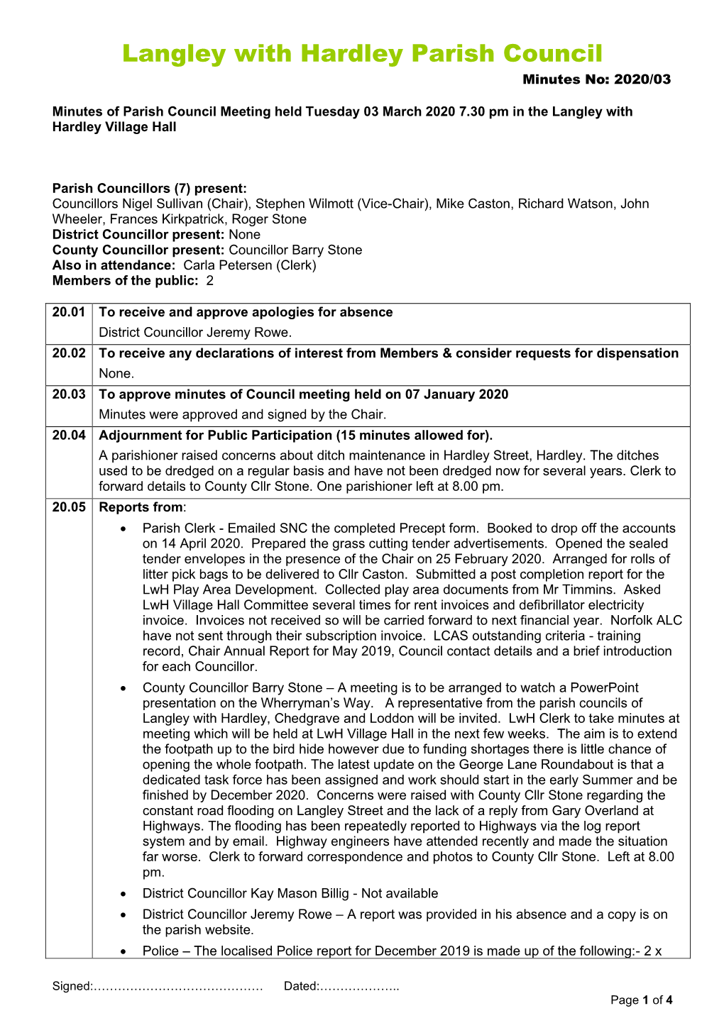 Langley with Hardley Parish Council Minutes No: 2020/03