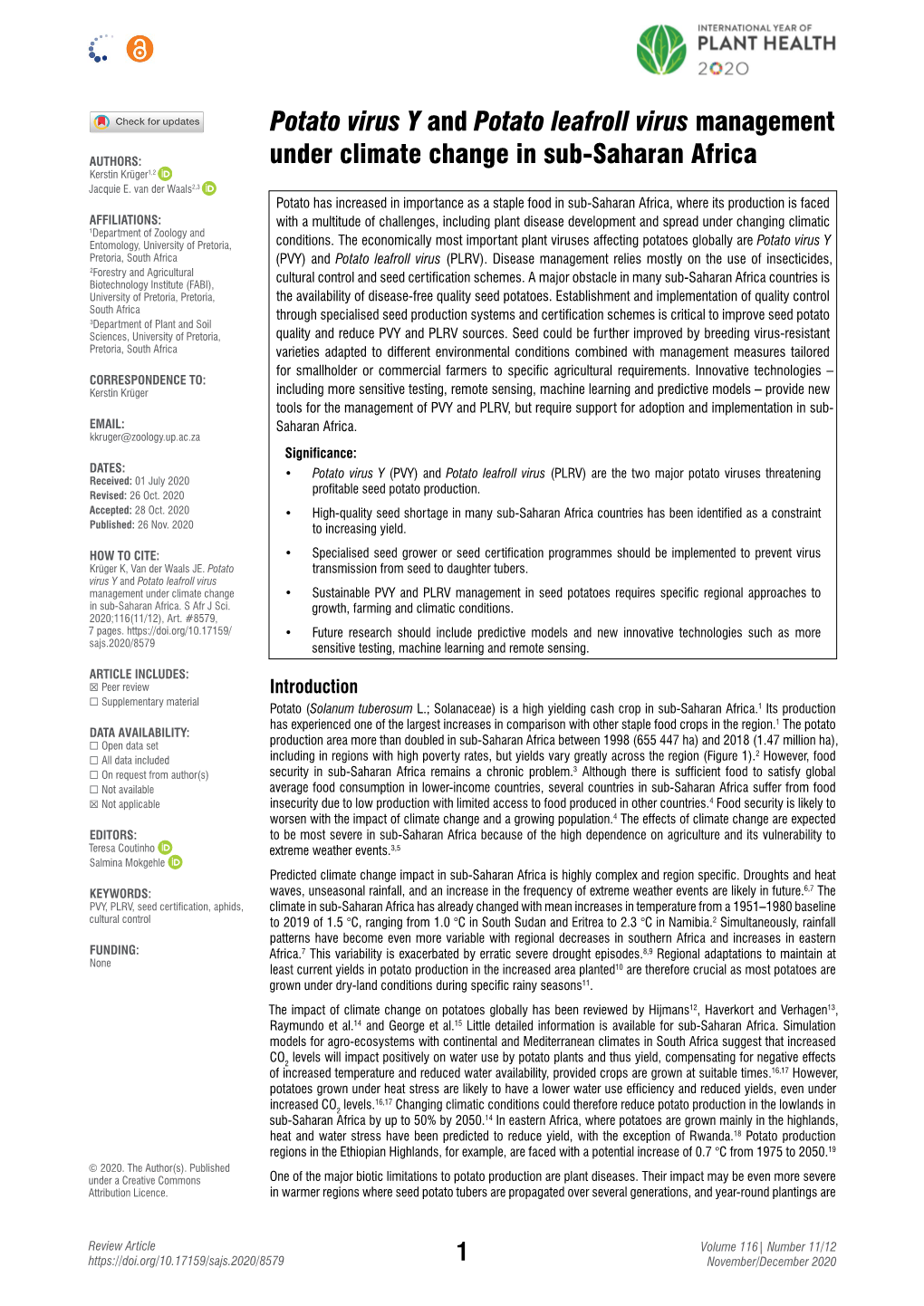 Potato Virus Y and Potato Leafroll Virus Management Under Climate Change