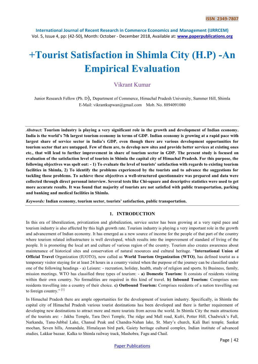 +Tourist Satisfaction in Shimla City (H.P) -An Empirical Evaluation