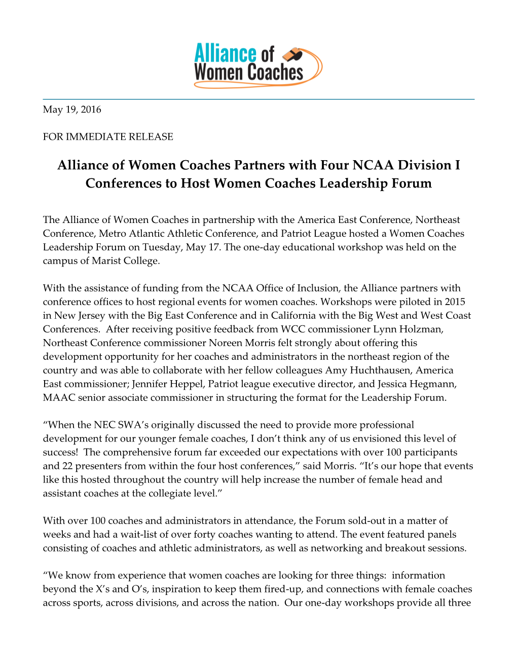 Alliance of Women Coaches Partners with Four NCAA Division I Conferences to Host Women Coaches Leadership Forum