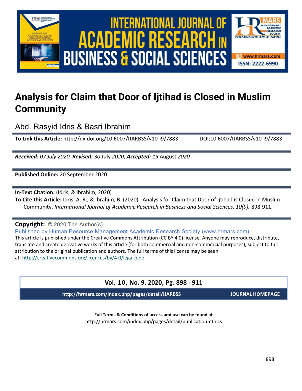 Analysis for Claim That Door of Ijtihad Is Closed in Muslim Community