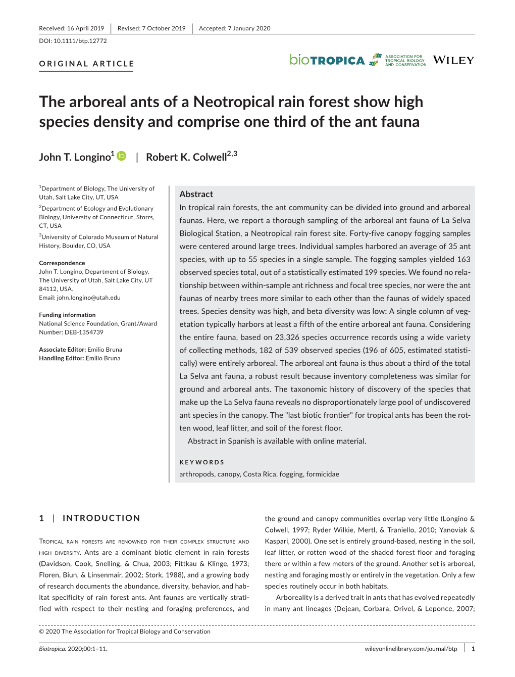 The Arboreal Ants of a Neotropical Rain Forest Show High Species Density and Comprise One Third of the Ant Fauna