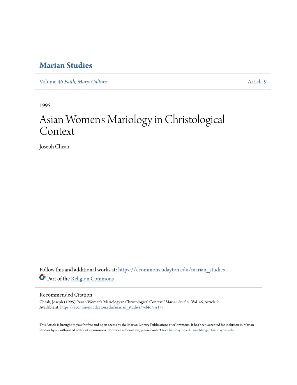 Asian Women's Mariology in Christological Context Joseph Cheah
