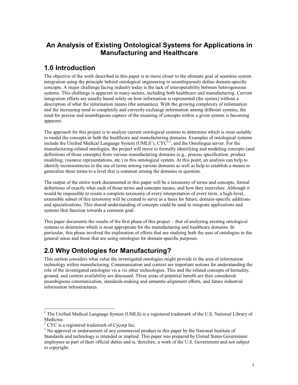 An Analysis of Existing Ontological Systems for Applications in Manufacturing and Healthcare 1.0 Introduction 2.0 Why Ontologies