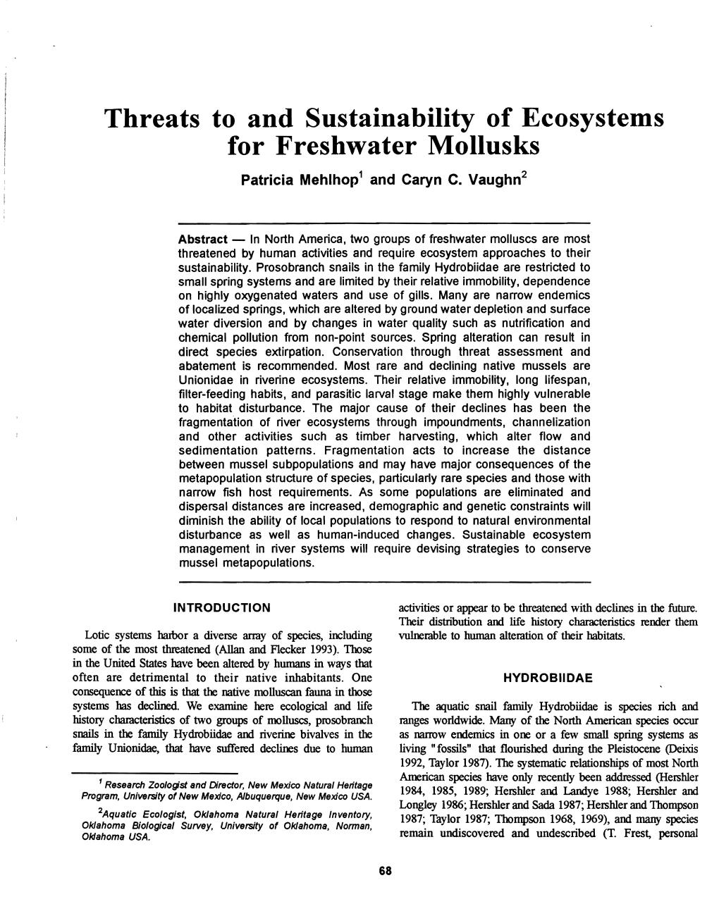 Threats to and Sustainability of Ecosystems for Freshwater Mollusks Patricia Mehlhop 1 and Caryn C