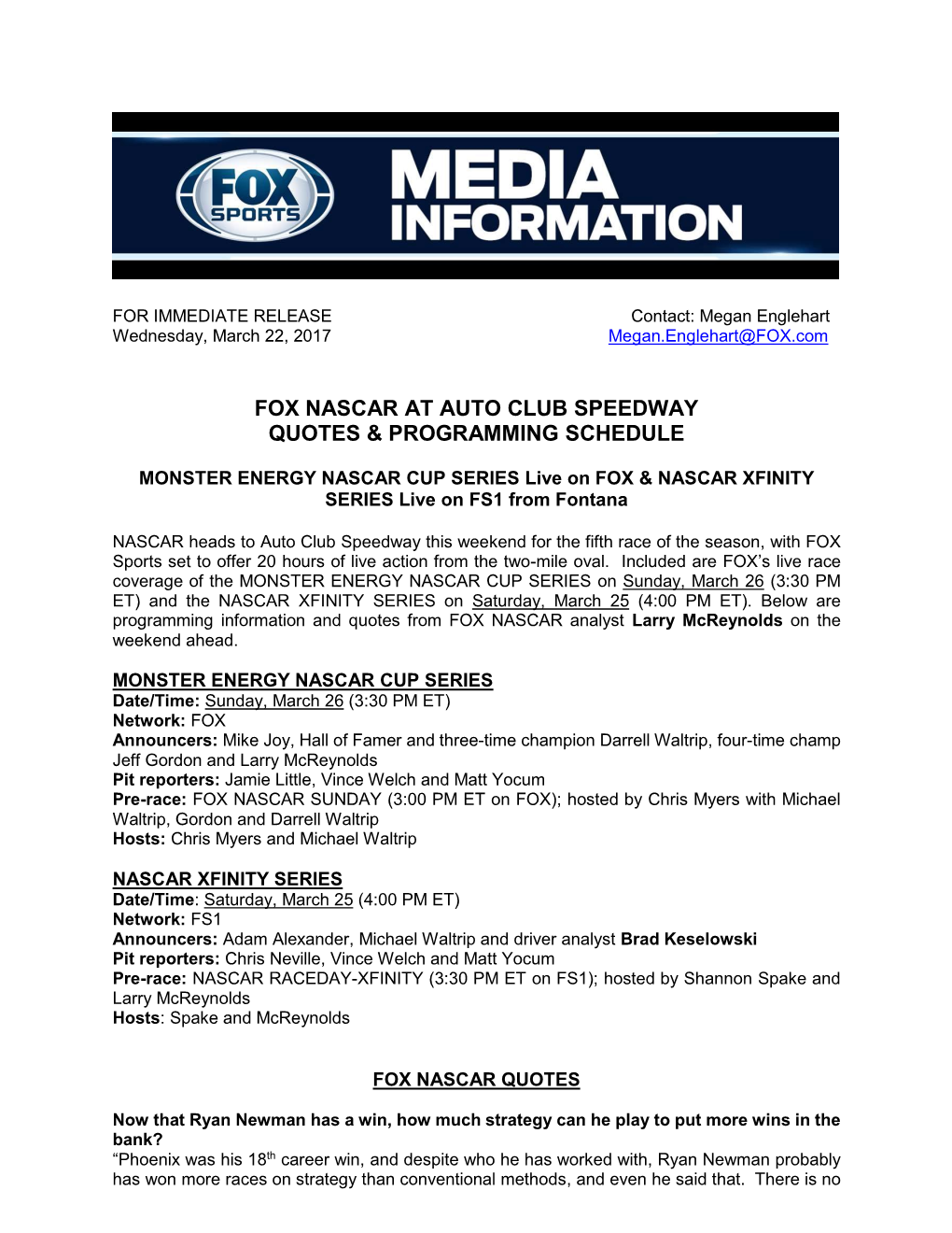 FOX NASCAR at Auto Club Speedway Quotes & Programming Schedule