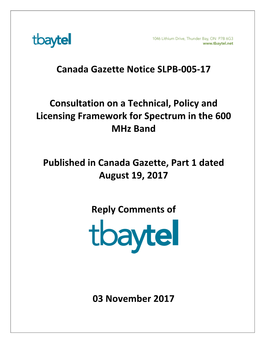 Canada Gazette Notice SLPB-005-17