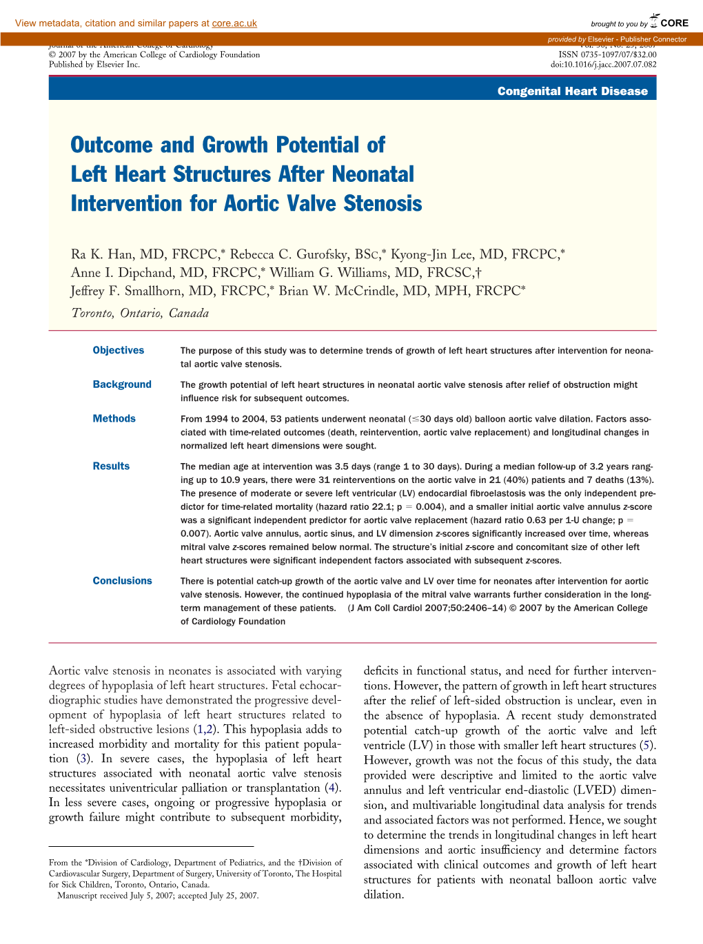 Outcome and Growth Potential of Left Heart Structures After Neonatal Intervention for Aortic Valve Stenosis